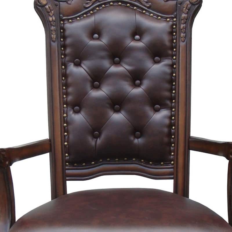HomeRoots Set of Two Tufted Brown and Redwood Upholstered Faux Leather And Solid Wood Dining Arm Chairs