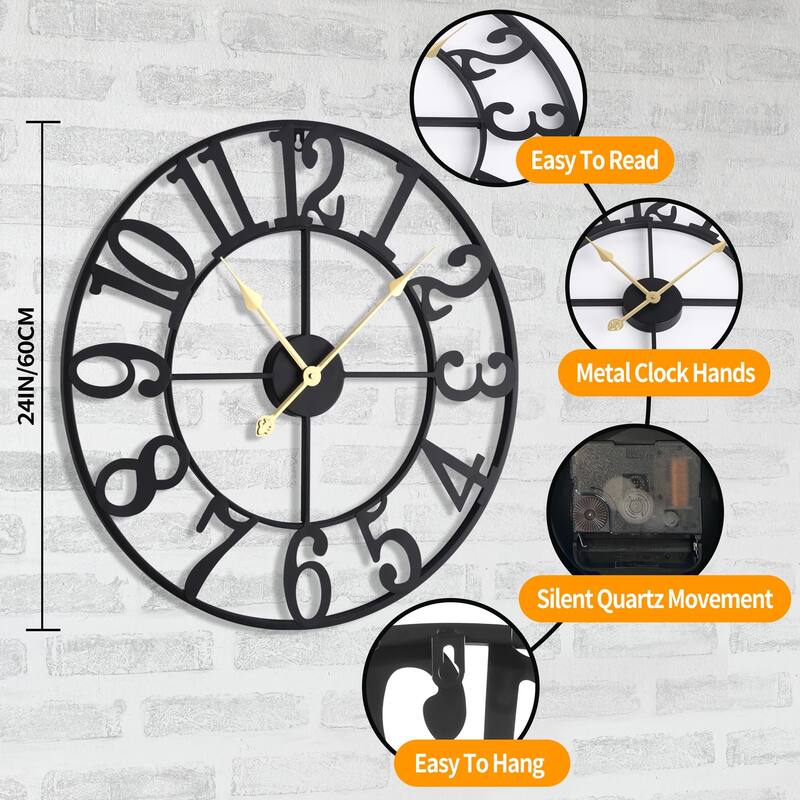 Large Wall Clock, Silent Non-Ticking, Battery Operated 24-Inch Metal Clock, Oversized, Decorative Retro Clock for Farmhouse