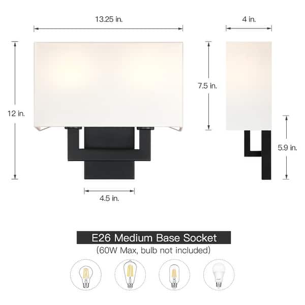 dimension image slide 0 of 2, Black Wall Sconce Light With White Fabric Shade