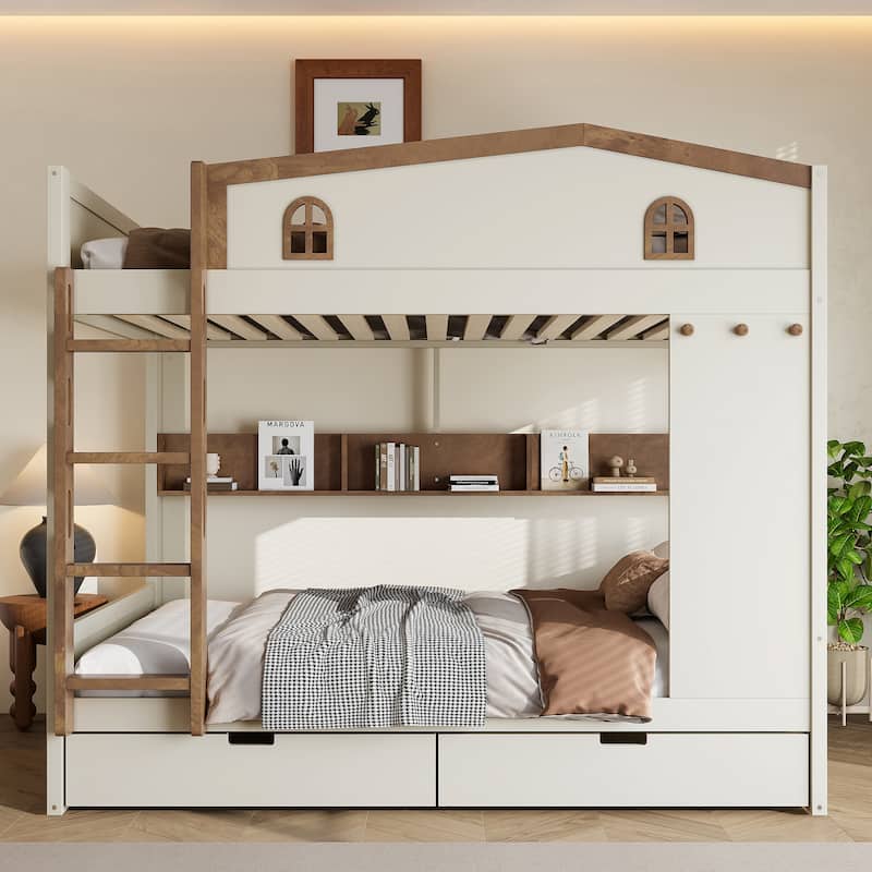 House-shaped Bunk Bed with Hooks, Storage Shelves, Safety Guardrails and Optional with Underbed Drawers or Trundle Bed
