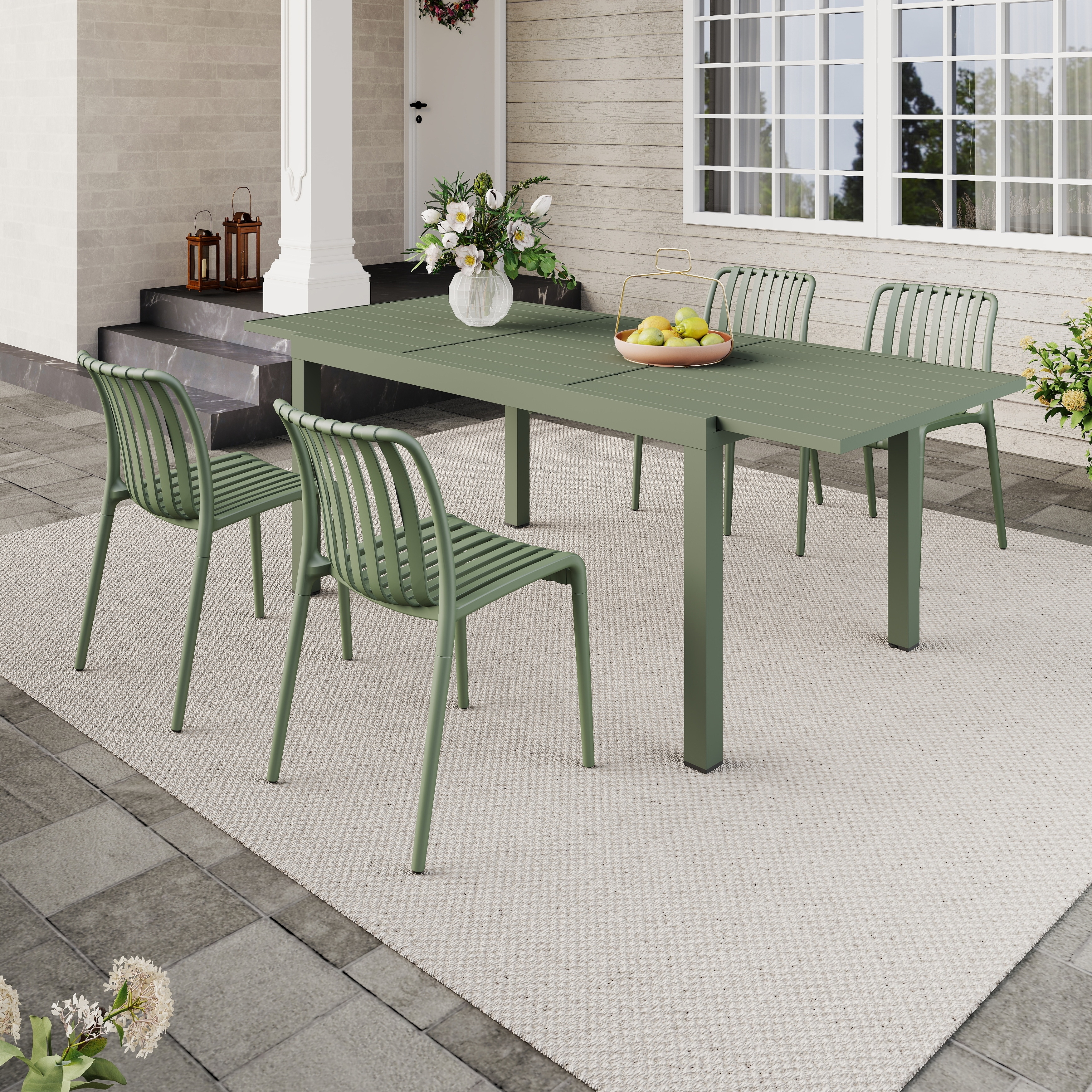 Outdoor Dining Set 5-Piece Stackable Plastic Lightweight Dining Chair and Extendable Dining Table