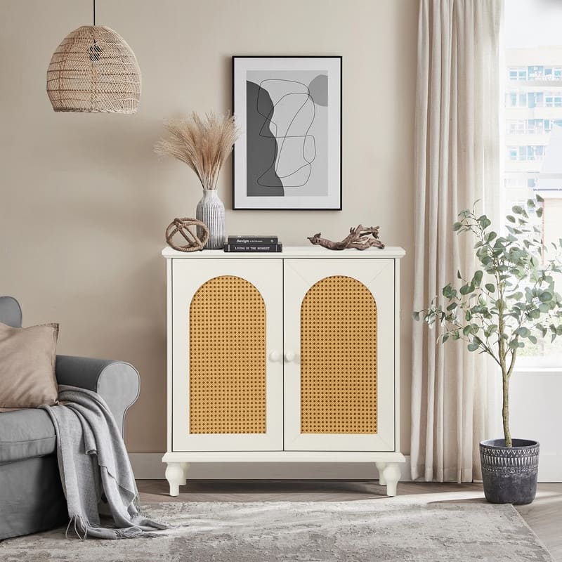 Rattan Storage Cabinet with Doors and Shelves,Buffet - Antique White