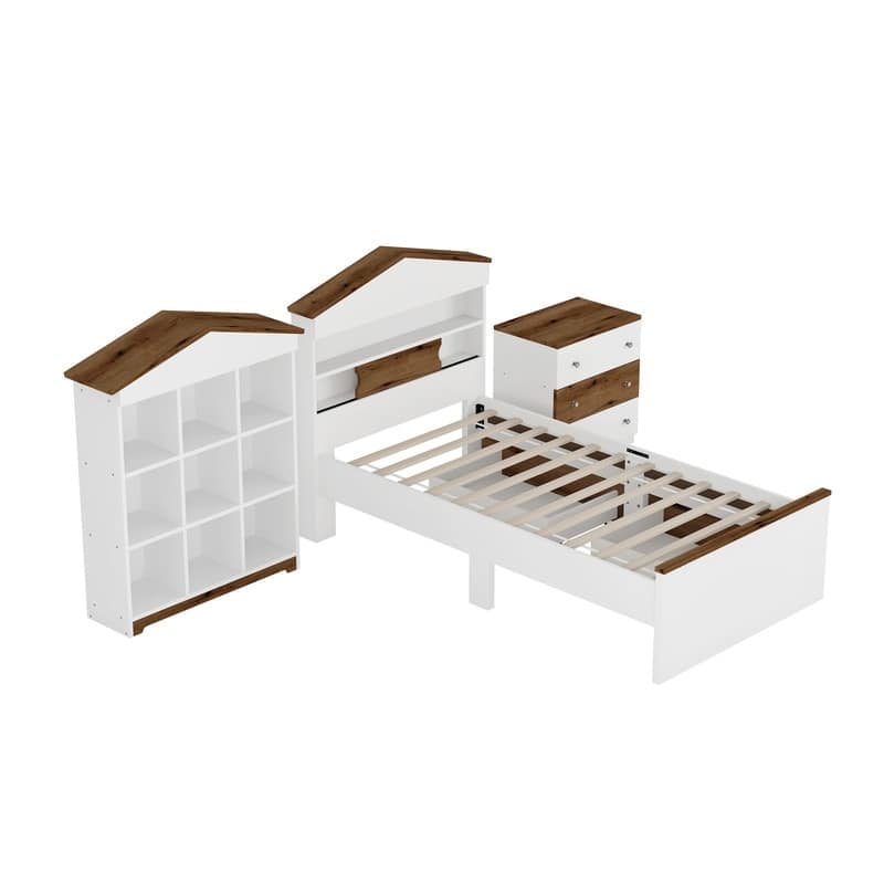 2/3/4-Piece Bedroom Set, Twin/Full/Queen, Wooden Bed, 2 Nightstands, Dresser, Sliding Door Headboard, White/White+Brown