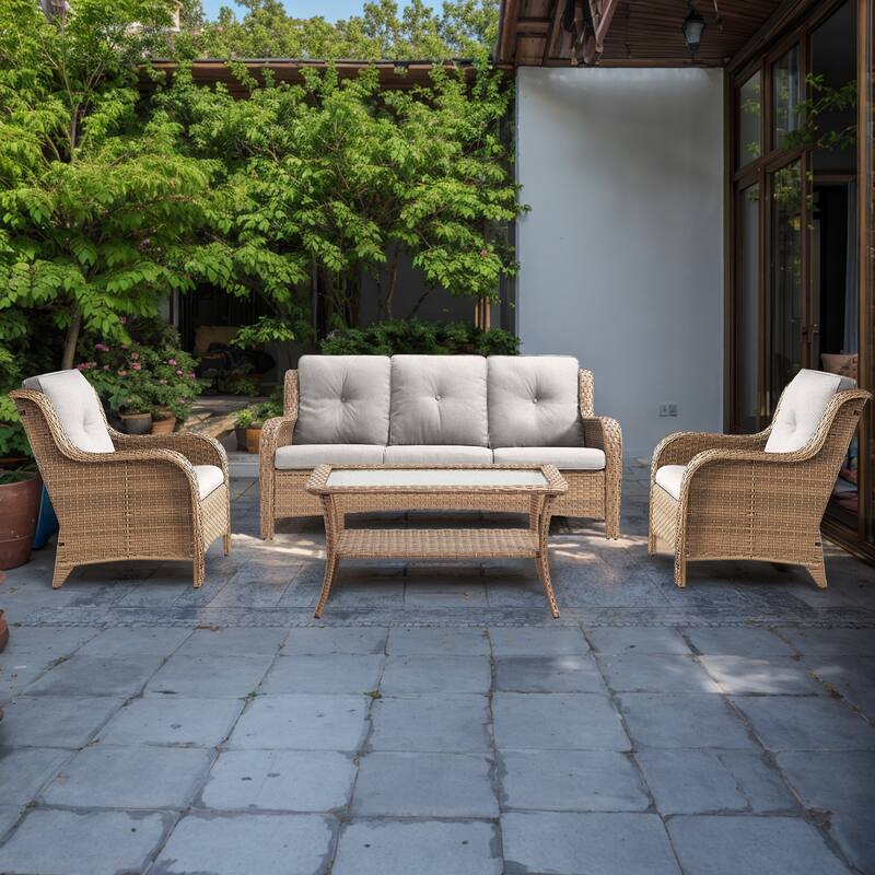 Gymojoy 4-Piece Outdoor Patio Sofa Chair with Coffee Table - Yellow - Beige