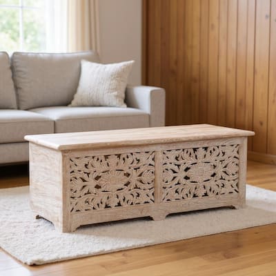 HomeRoots 52" White Distressed Solid Wood Carved Floral Storage Ottoman