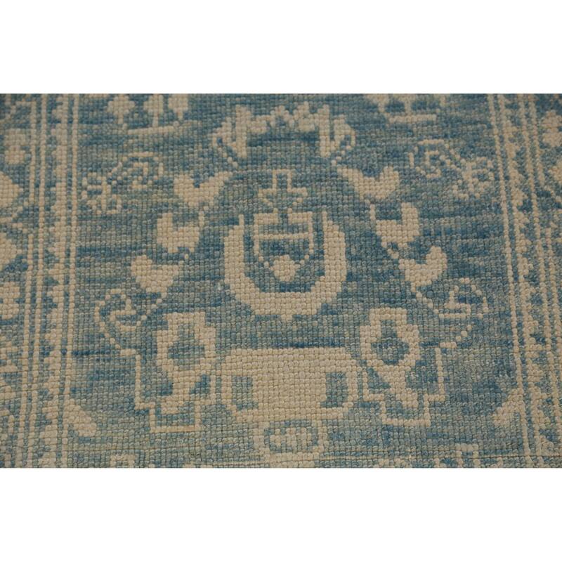 Hand Knotted Oriental 100% Wool Carpet Transitional Geometric Navy Blue & Blues Oushak Runner Rug - 14' 2'' X 3' 1''
