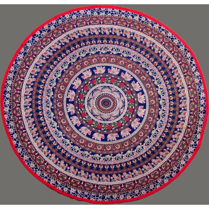 Cotton Powerful Elephant Mandala Floral Tablecloth Round - 81-in Round