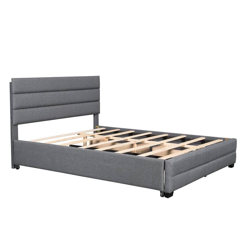 Upholstered Queen Size Platform Bed with 2 Storage Drawers and Twin Trundle Bed, Wood Queen Bed Frame with Linen Fabric