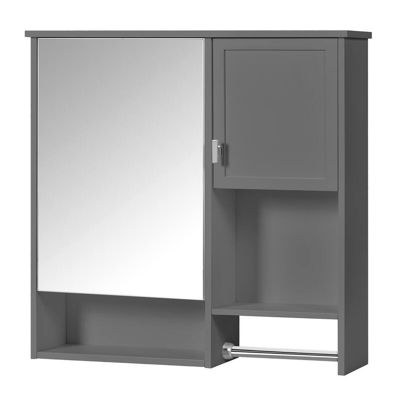 Roomfitters 29x28 Inch Modern Wall Mounted Medicine Cabinet, Mirror Storage Organizer with Integrated Towel Bar, Gray