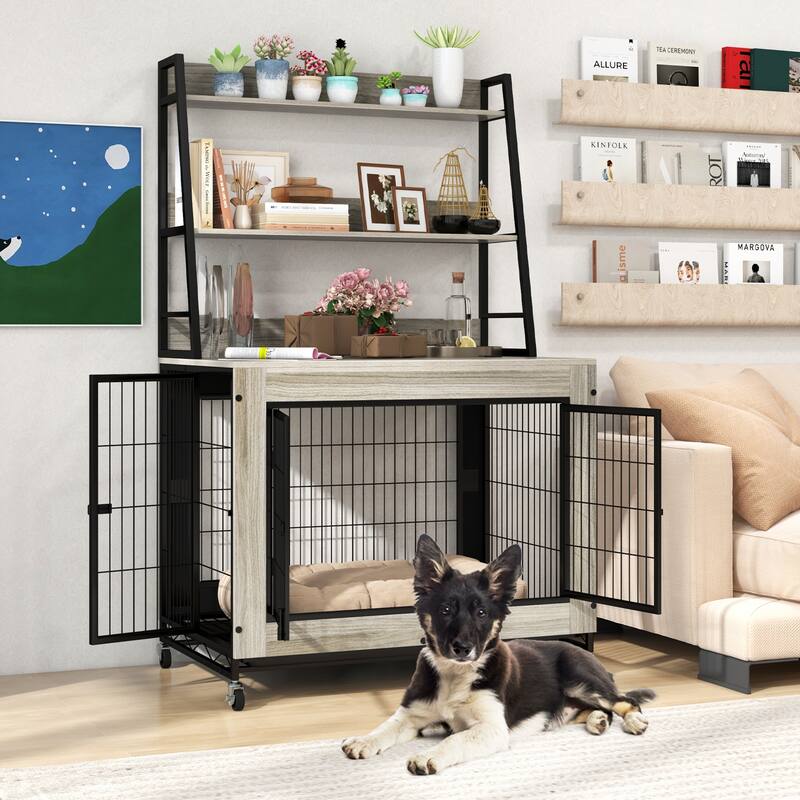 Gymax Dog Crate Furniture w/ Storage Shelves Industrial Dog Kennel w/