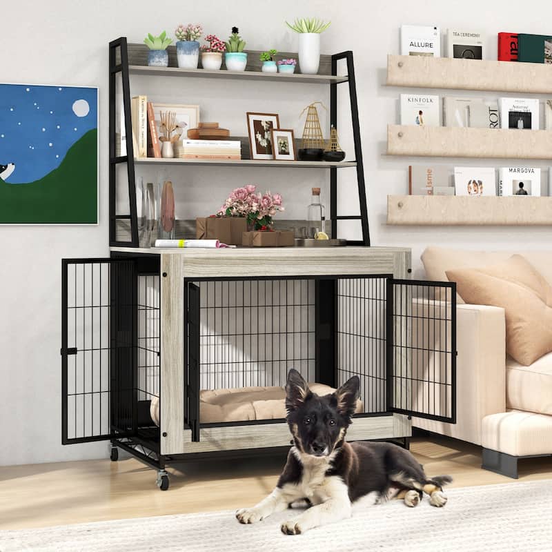 Wooden Dog Crate with Storage Shelves, Tray and Lockable Wheels - 59" x 38" x 25" (L x W x H)