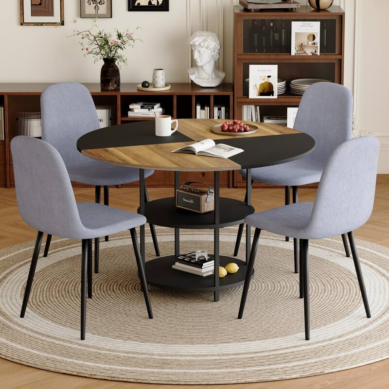 5-piece Natural and Black Spliced Round Dining Table Set with Double-Layer Storage Shelf, Anti-Slip Feet