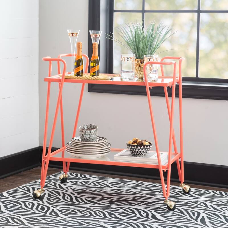 Two Tier Mirrored Top Bar Serving Cart - 32.5" - Coral Pink
