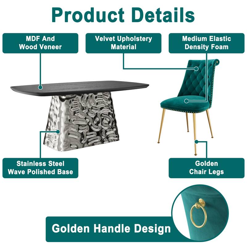 7-Piece Clihome Modern Stainless Steel Table Velvet Chair Dining Set
