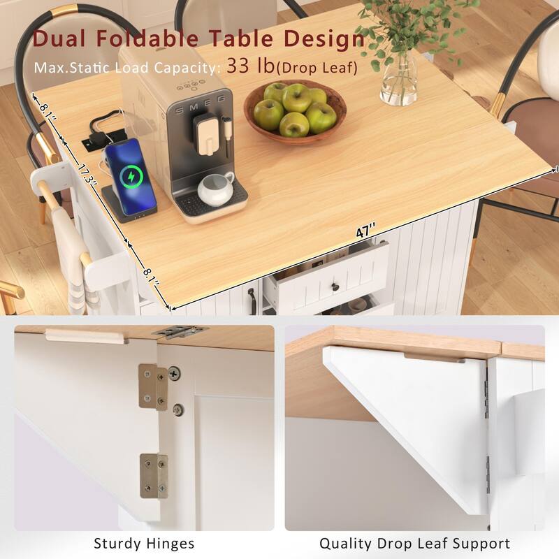 55.7" Large Kitchen Island with Power Outlet, Rolling Kitchen Cart on 5 Wheels, Folding Storage Dining Table