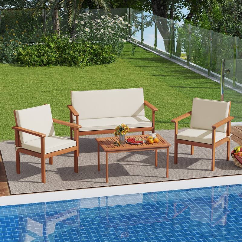 4-Piece Acacia Wood Patio Furniture Set with Cushions and Coffee Table for Garden or Deck - 31.5" × 20" × 16"