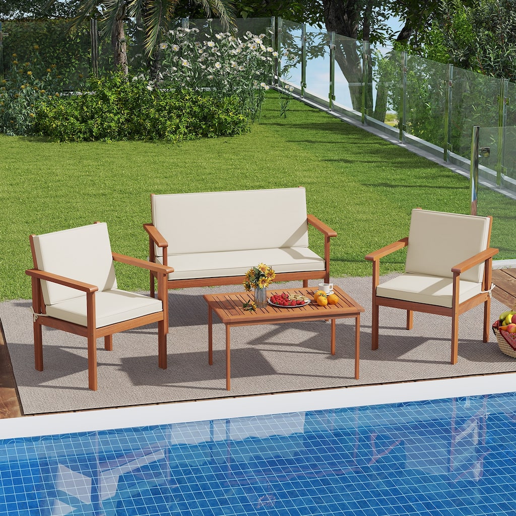 4-Piece Acacia Wood Patio Furniture Set with Cushions and Coffee Table for Garden or Deck - 31.5" × 20" × 16"