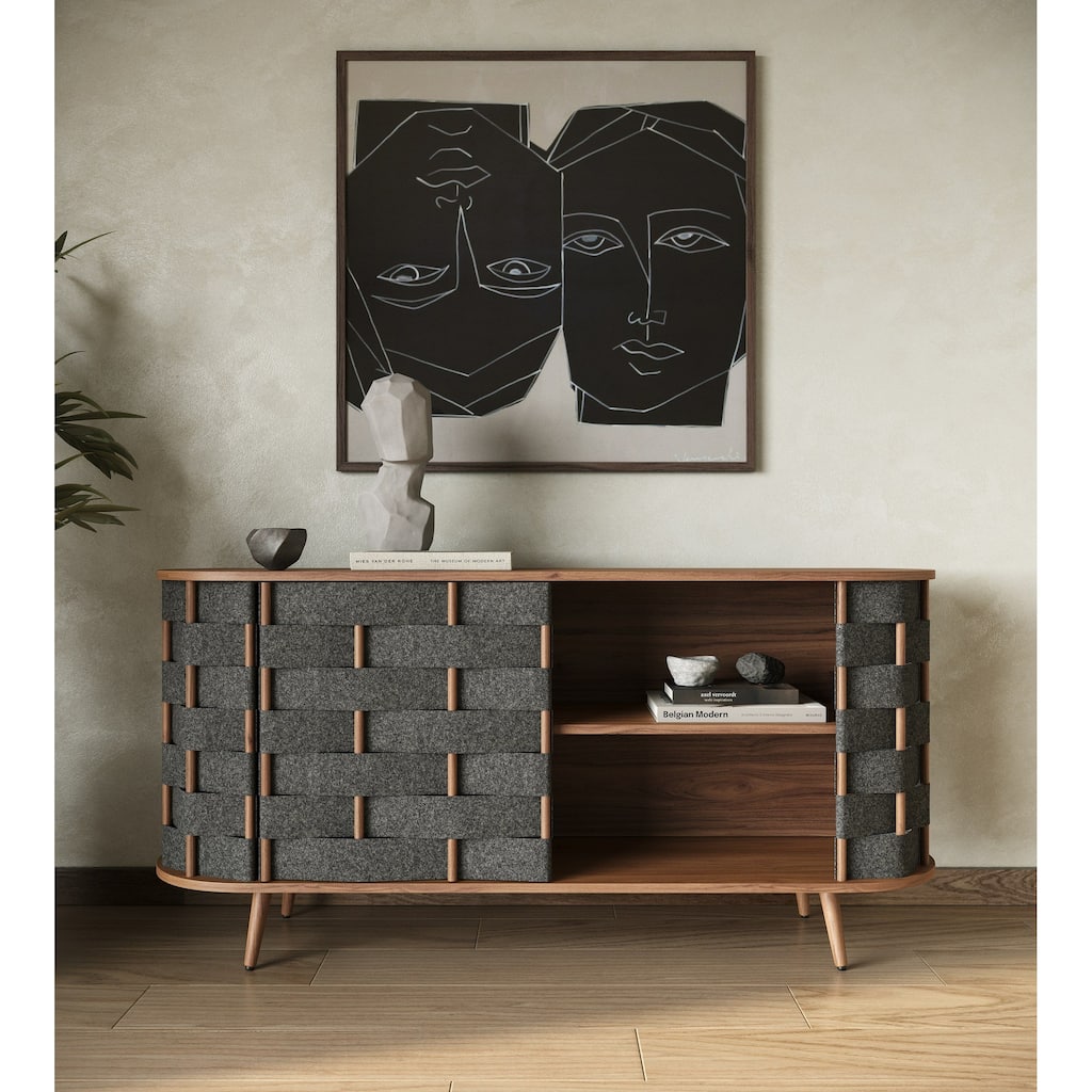 Modrest Sheridan Mid-Century Modern Grey Fabric & Walnut Buffet