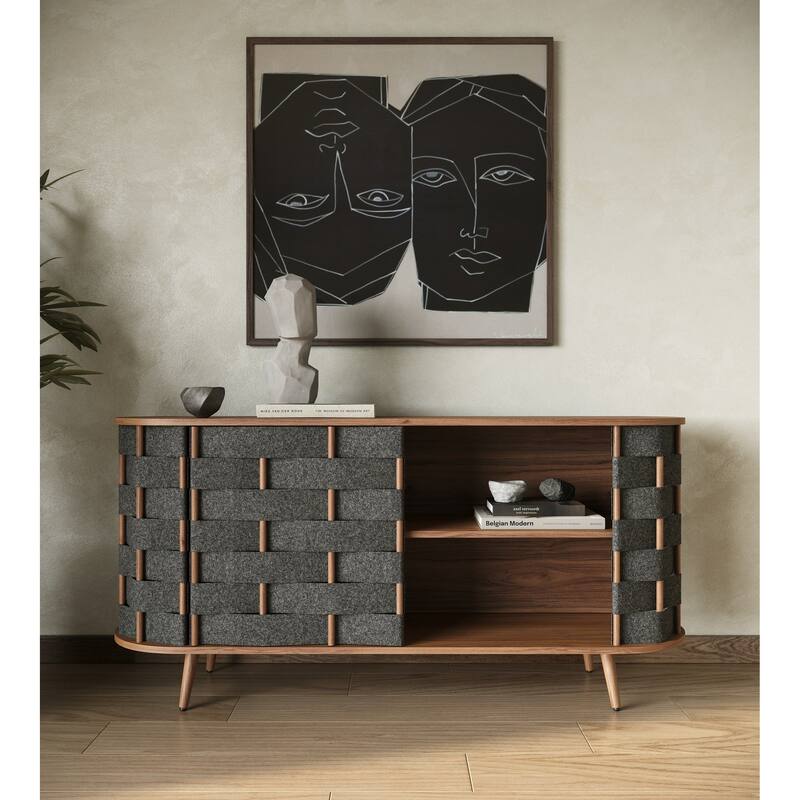 Modrest Sheridan Mid-Century Modern Grey Fabric & Walnut Buffet