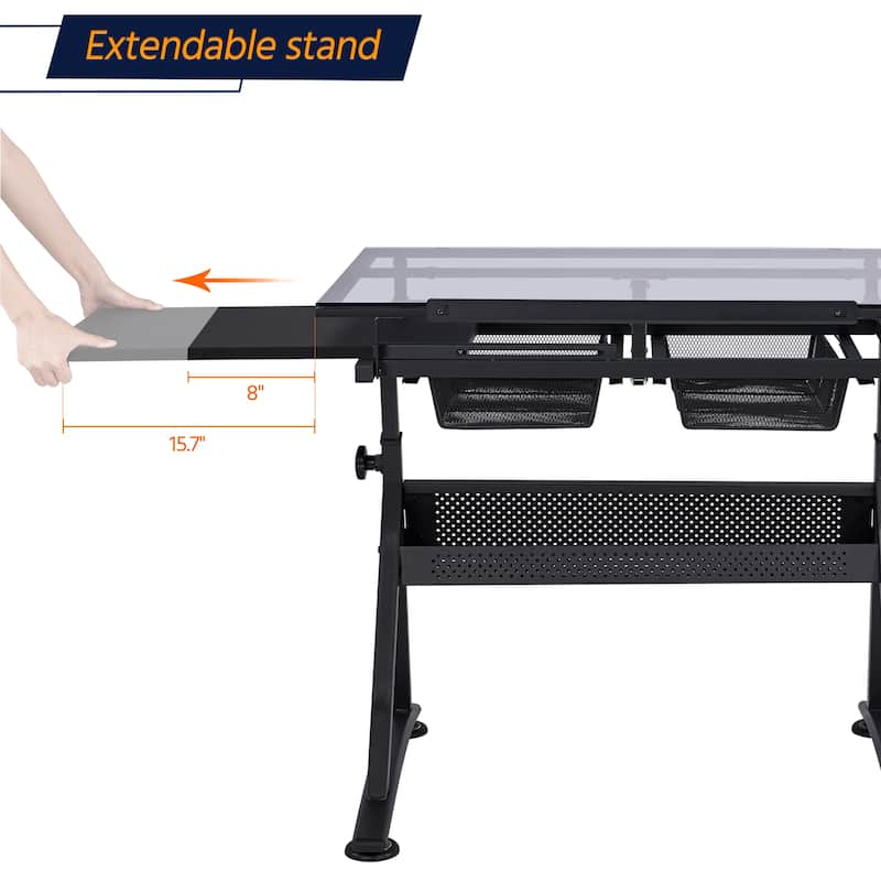 Yaheetech Height Adjustable Glass Drafting Table & Stool Set with 2 Drawers, Black