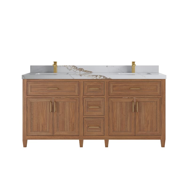 Willow Collections 72 in. W x 22 in. D Santa Monica Teak Double Sink Bathroom Vanity with Countertop - 2”Calacatta Gold - Dark Natural