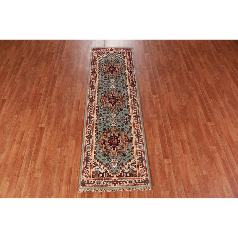 Hand Knotted Oriental 100% Wool Carpet Traditional Geometric Navy Blue & Blues Heriz (serapi) Runner Rug - 8' 2'' X 2' 6''