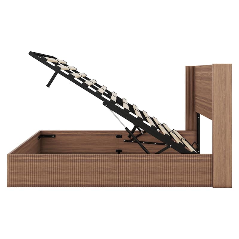 Queen Size Wooden Platform Bed Frame with Lift Storage, Rustic Brown, No Spring Box Required