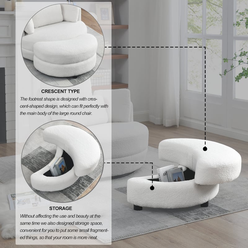 Wide Teddy Fabric Oversized Swivel Barrel Chair with Moon Storage Ottoman, 4 Pillows and 360° Rotation