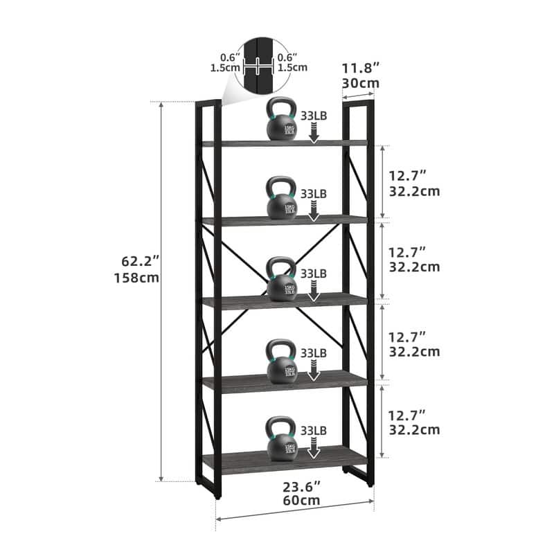 Roul Wood 5 Tiers Bookshelf Modern Bookcase Storage Rack Shelves - Dark Grey