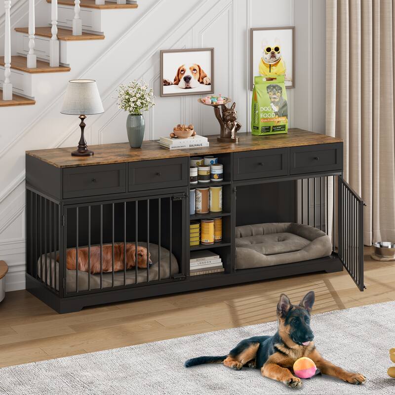 Double Dog Crate Furniture, Large Wooden Dog House with 4 Drawers