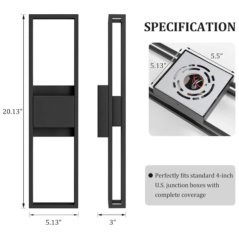 Modern Rectangle Matte Black LED Wall Sconce Outdoor Waterproof