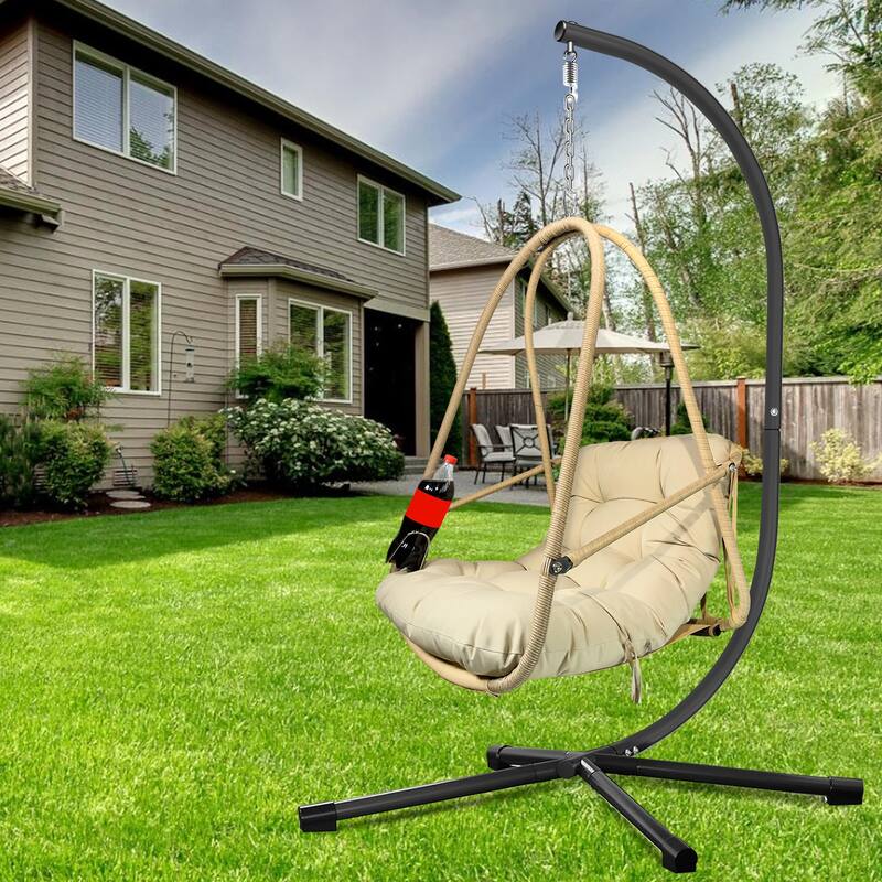 Swing Egg Chair with Stand and Cup Holder, Basket Hanging Chair with Cushion & Pillow Patio Wicker Hanging Chair