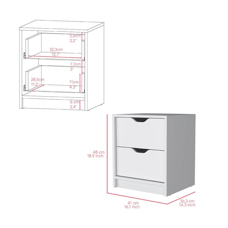 Nightstand with Two Drawers, White Finish