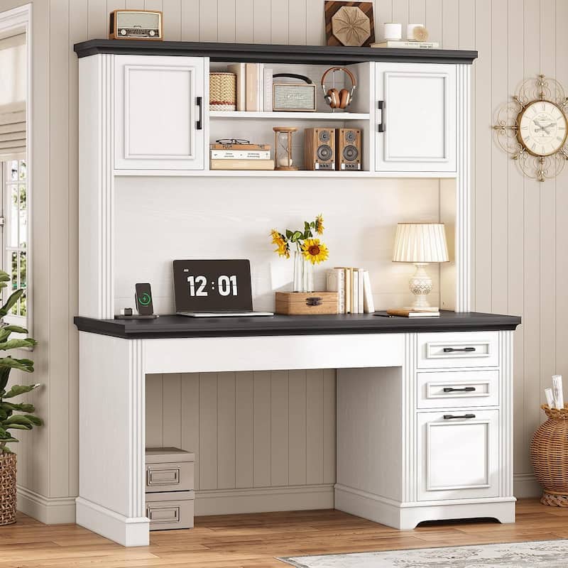 Farmhouse Executive Desk Home Office Desk File Drawer Monitor Stand Power Outlet - 47.2" - White