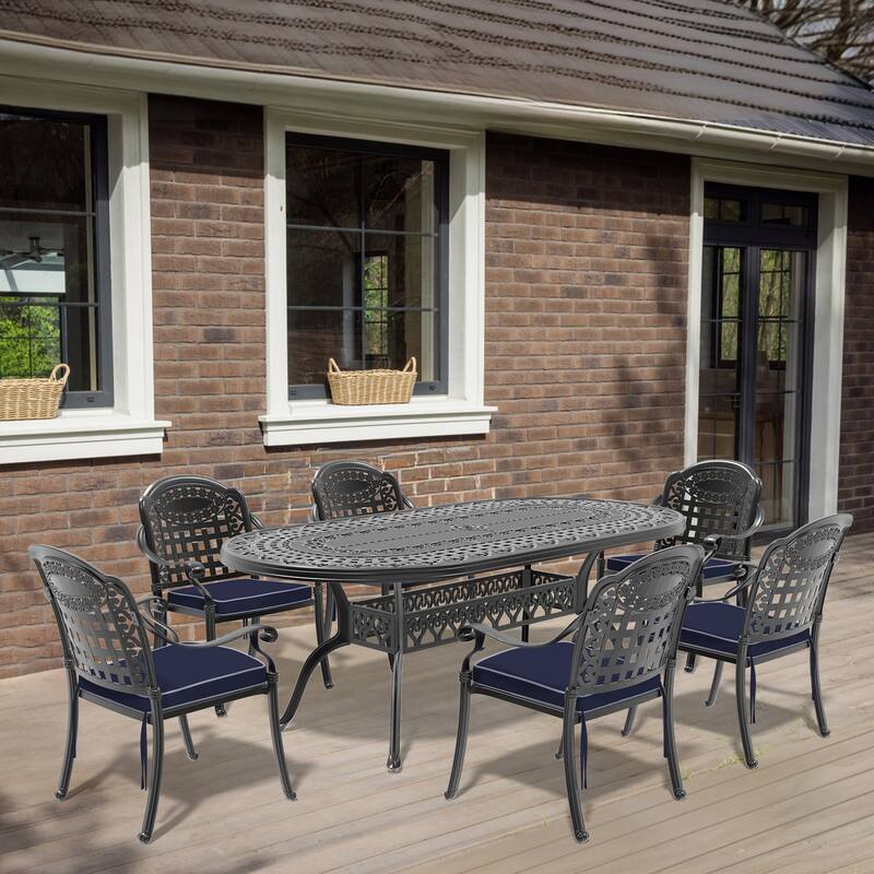 7/9-Piece Cast Aluminum Outdoor Dining Set with 82.87'' L X 42.13'' W Oval Table and Random Color Seat Cushions - Black( 7-Piece Sets B)
