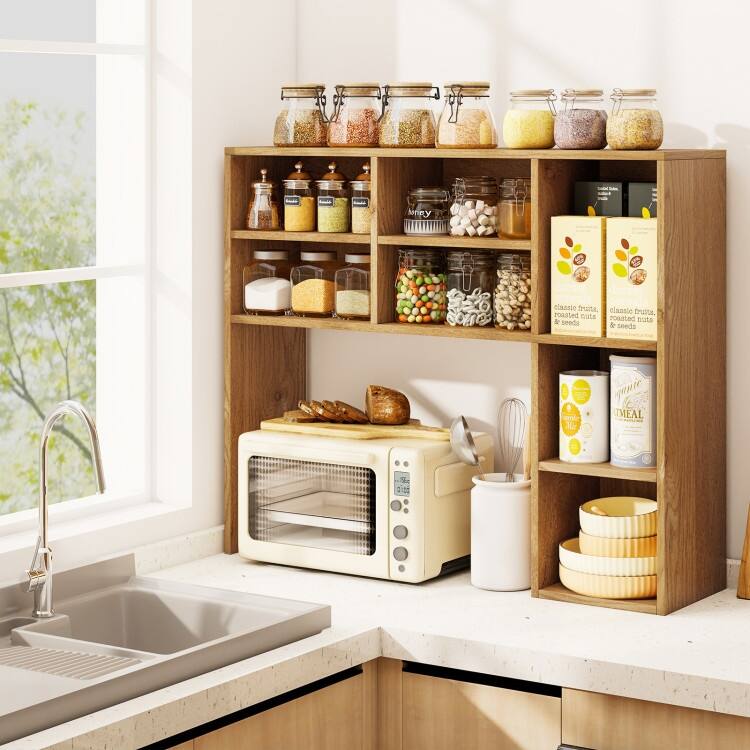 Engineered Wood Desk Hutch with Adjustable Shelves 7 Cubby Desktop Bookshelf Organizer for Home Office - 37" x 10" x 31"