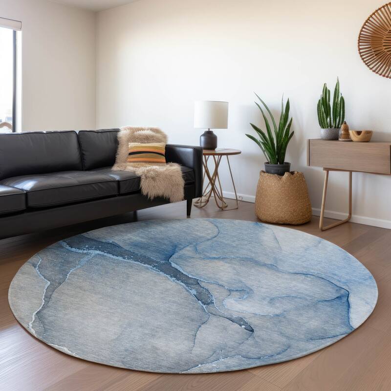 Premium Washable Super Soft Contemporary Abstract Mayfield Rug - Blue - 8' x 8' - Round