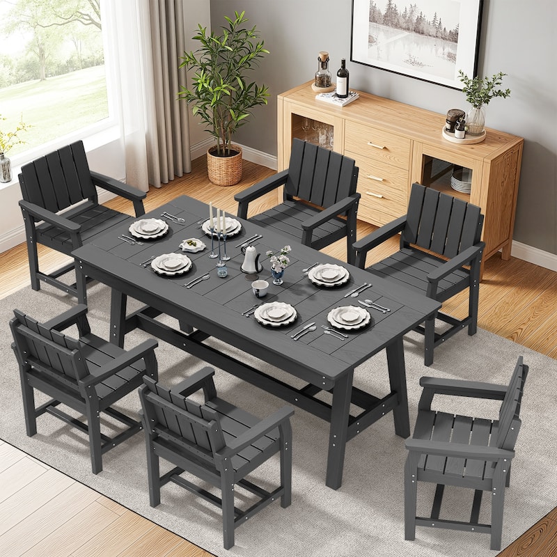 7-Piece HDPE Outdoor & Indoor Dining Set, Rectangular 67.91in L Table with Umbrella Hole and 6 Chairs Set of 7, Wood-Look Finish