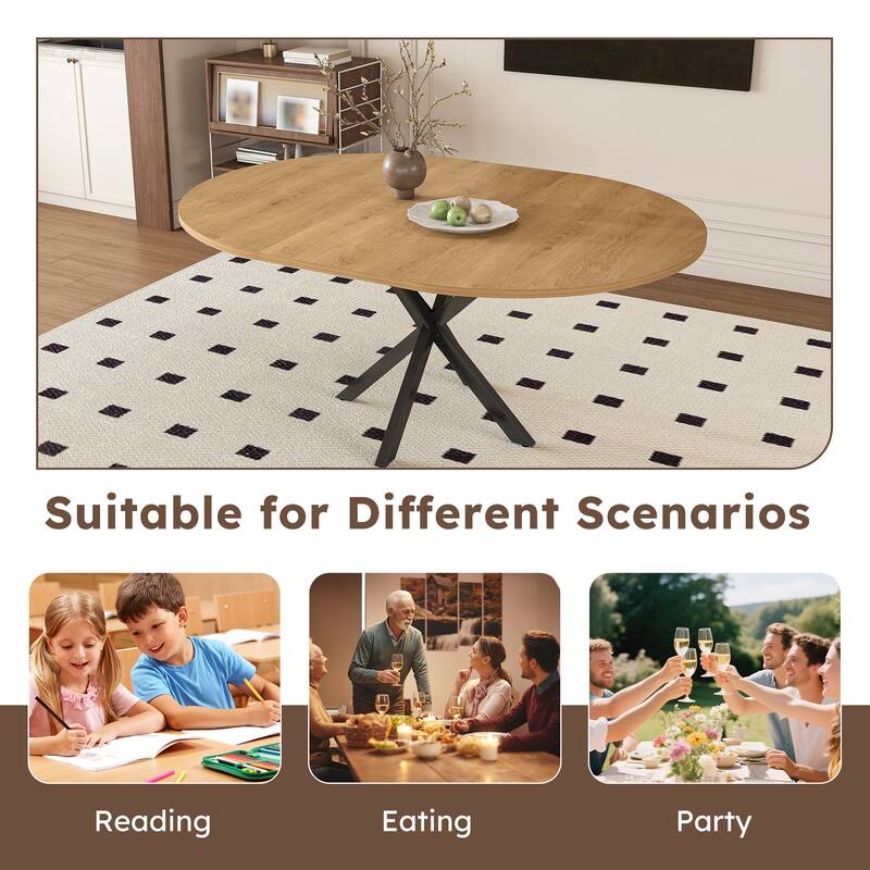 Extendable Round Dining Table for 2-6: 43" to 58" Oak Finish Expandable Table with Carbon Steel Space-Saving Base