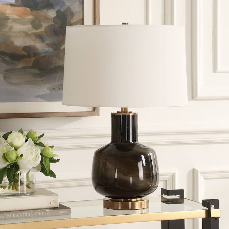 Smoky Textured Glass Table Lamp with White Drum Shade - 23.5" - Charcoal Black