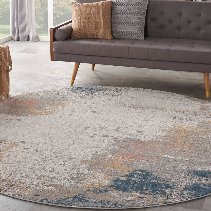 Nourison Rustic Textures Transitional Abstract Area Rug - 7'10" Round - Grey/Blue - Rectangle