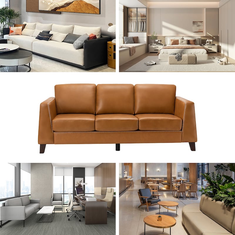 Rita 81.5" Genuine Leather Tuxedo Arm Sofa Couch With Solid Wood Legs By HULALA HOME