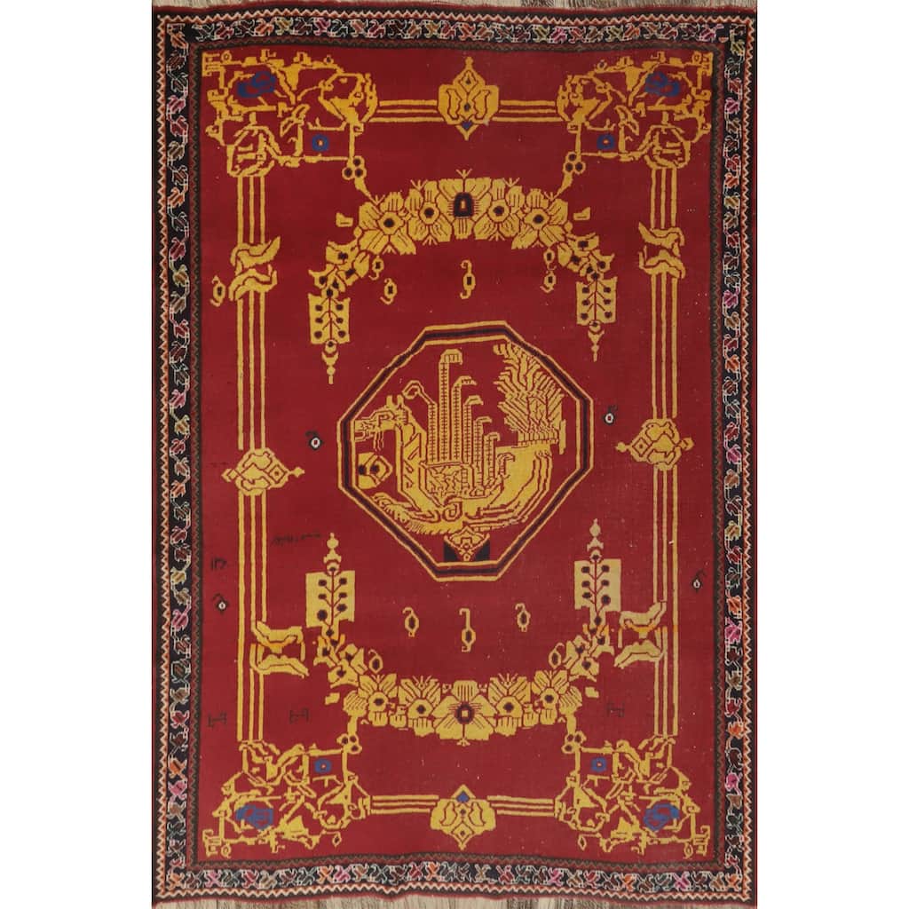 Hand Knotted Oriental 100% Wool Carpet Traditional Medallion Red Shiraz Area Rug - 5' 9'' X 4' 0''
