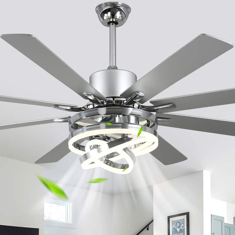 Cusp Barn 52"/72" Modern Large Dimmable LED Ceiling Fan with Lights and Remote, Reversible 8-Blade DC Motor DIY Shape Chandelier - 72-Inch - Chrome