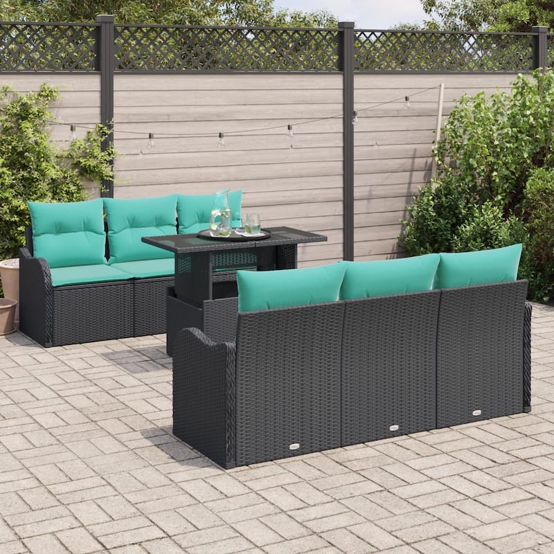 vidaXL 7 Piece Garden Sofa Set with Cushions Black Poly Rattan - 69.3×24.4×27.2