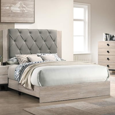 Contemporary 1pc Cream Finish Queen Size Bed Bedroom Furniture Gray Tufted Design Headboard Rubberwood 1pc Bedframe