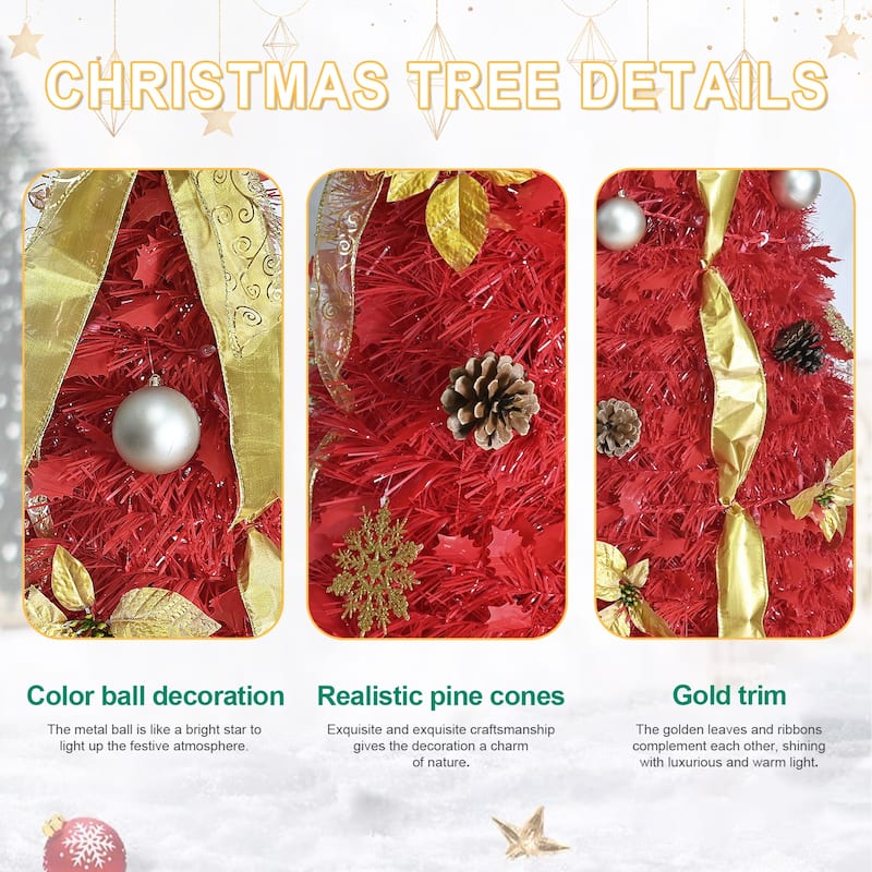 6FT Red Pop-Up Christmas Tree,150 Warm White LED Lights,Ornaments Included-4 Ribbons,Bow,Flowers,Snowflakes,Pine Cones&Balls