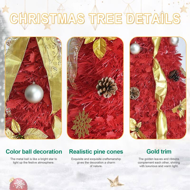 Pop-Up Christmas Tree with 150 Warm White UL Lights - Pre-Decorated with Red & Gold Ornaments, Flowers, Ribbons & Bows