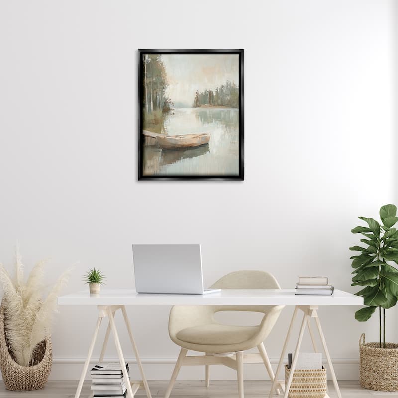 Stupell Canoe at Quiet Dock Framed Floater Canvas Wall Art Design By Petal Prints Design