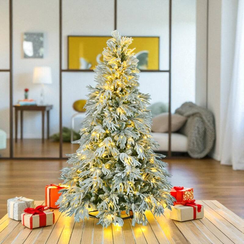 6ft Snow Flocked Pre-Lit Spruce Christmas Tree with 300 LED Lights and 790 PE Tips, Hinged Holiday Décor